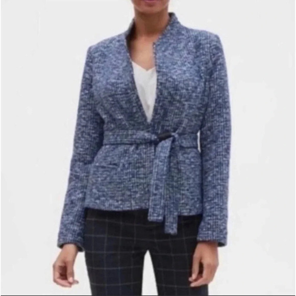 Banana Republic Blue Tweed Wool Blend Tie Belt Jacket Size 10 - Picture 10 of 10